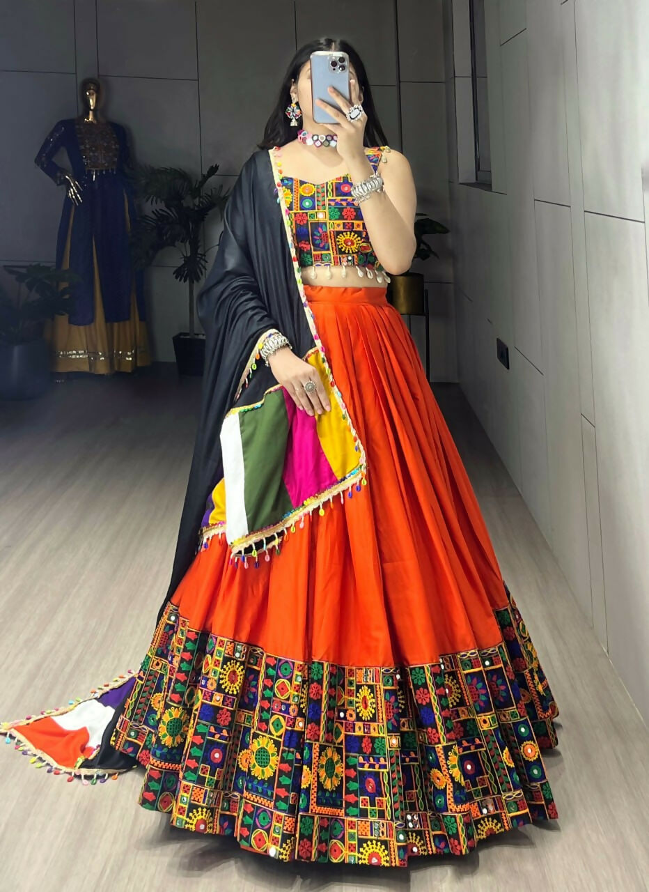 Yash Enterprise Orange Rayon Cotton Embroidery Semi Stitched Navratri Chaniya Choli | Grocsy