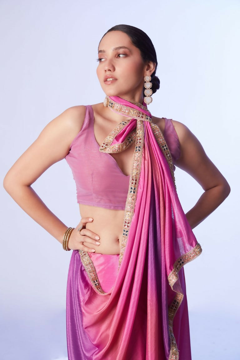 Pink Chinon Solid Designer & Lace Work Saree - Samaa | Grocsy