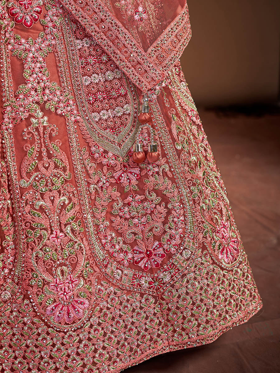 Myra Pink Taupe Soft Net Heavy Embroidered Designer Lehenga | Grocsy