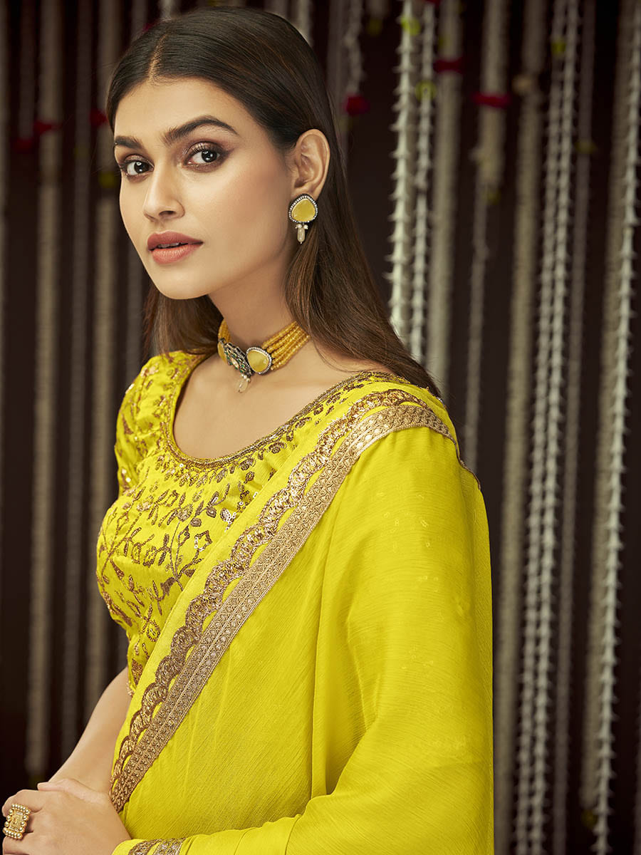 Myra Yellow Chinon Silk Heavy Embroidered Designer Saree | Grocsy