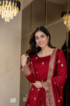 Yash Enterprise Maroon Simmar Silk Party Wear Embroidery Suit Set | Grocsy