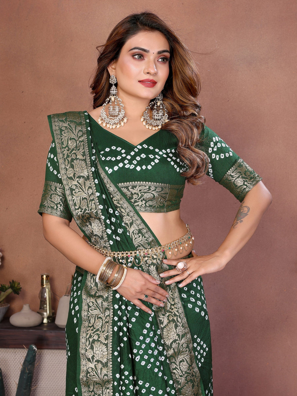 Anaita Green Handmade Bandhej Viscose Silk Saree With Blouse | Grocsy