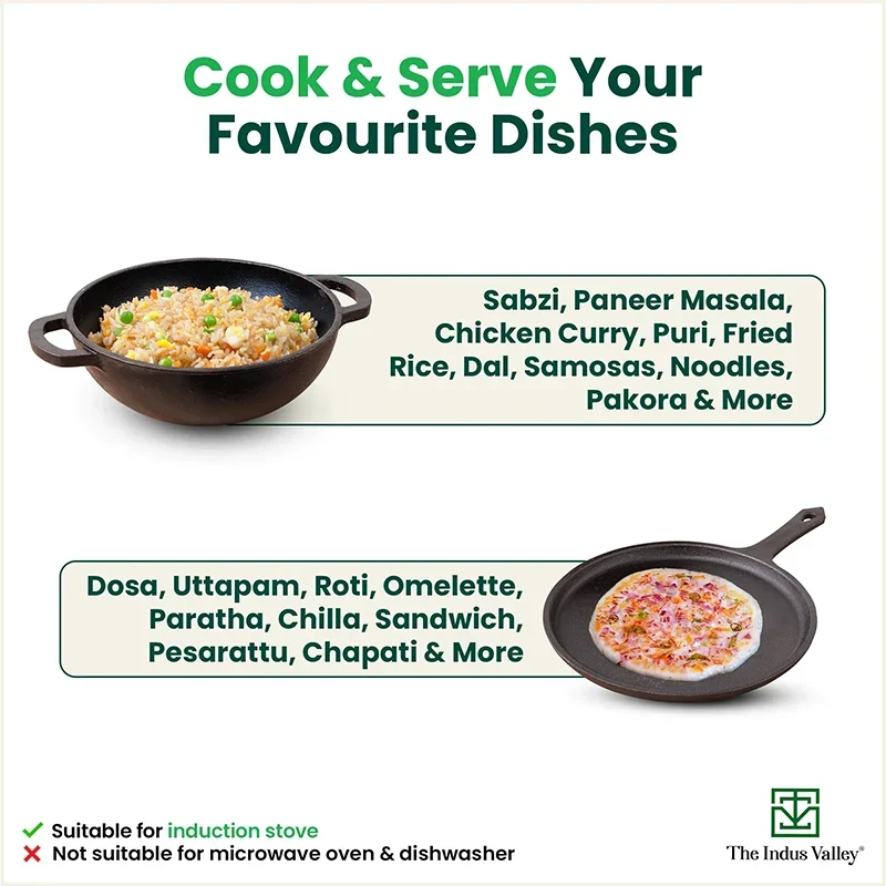 The Indus Valley CASTrong Cast Iron Cookware Set: Tawa + Kadai, Kitchen Set for Home, Pre-seasoned, 100% Pure, Toxin-free, Induction | Grocsy