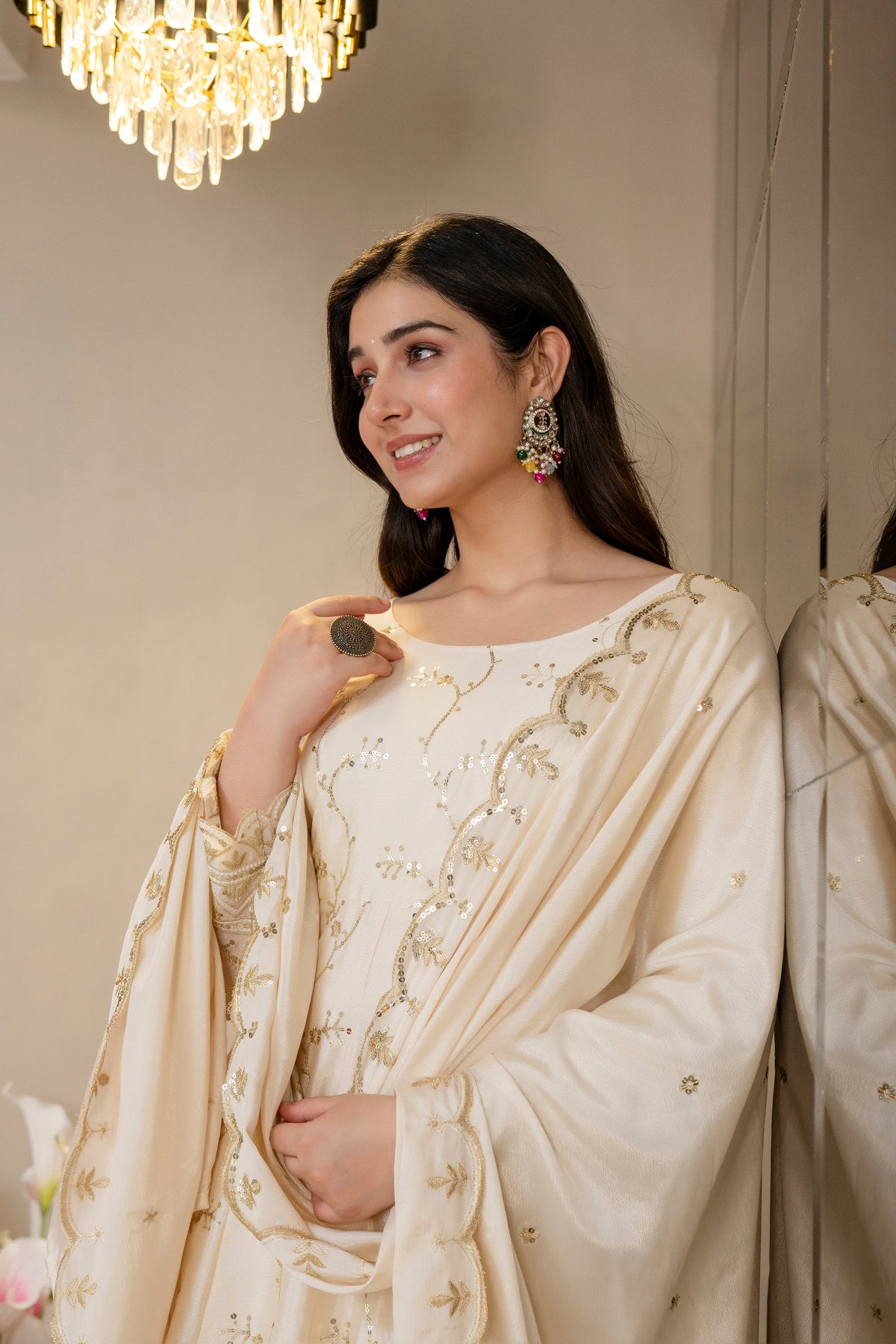 Yash Enterprise Cream Chinon Silk Party Wear Embroidery Suit Set | Grocsy