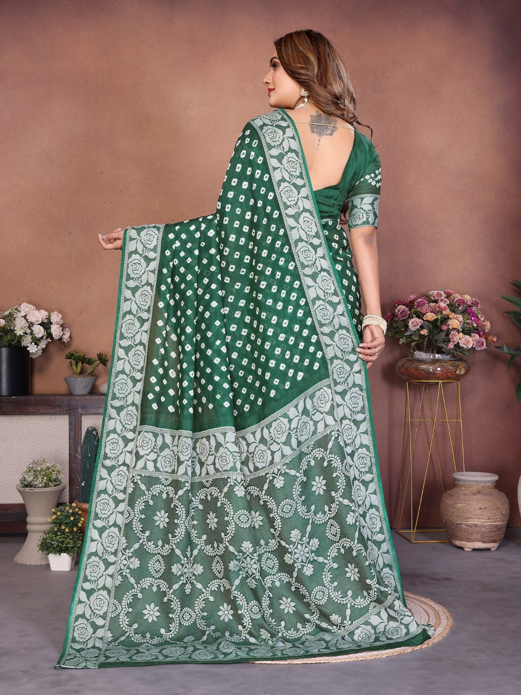 Anaita Green Handmade Bandhej Viscose Silk Saree With Blouse | Grocsy
