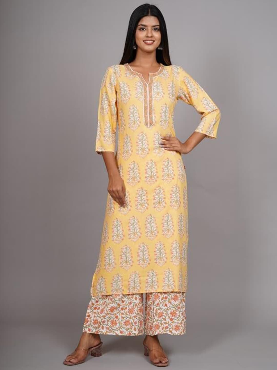 HERE&NOW Women Yellow Floral Printed Thread Work Kurta with Palazzos & With Dupatta | Grocsy