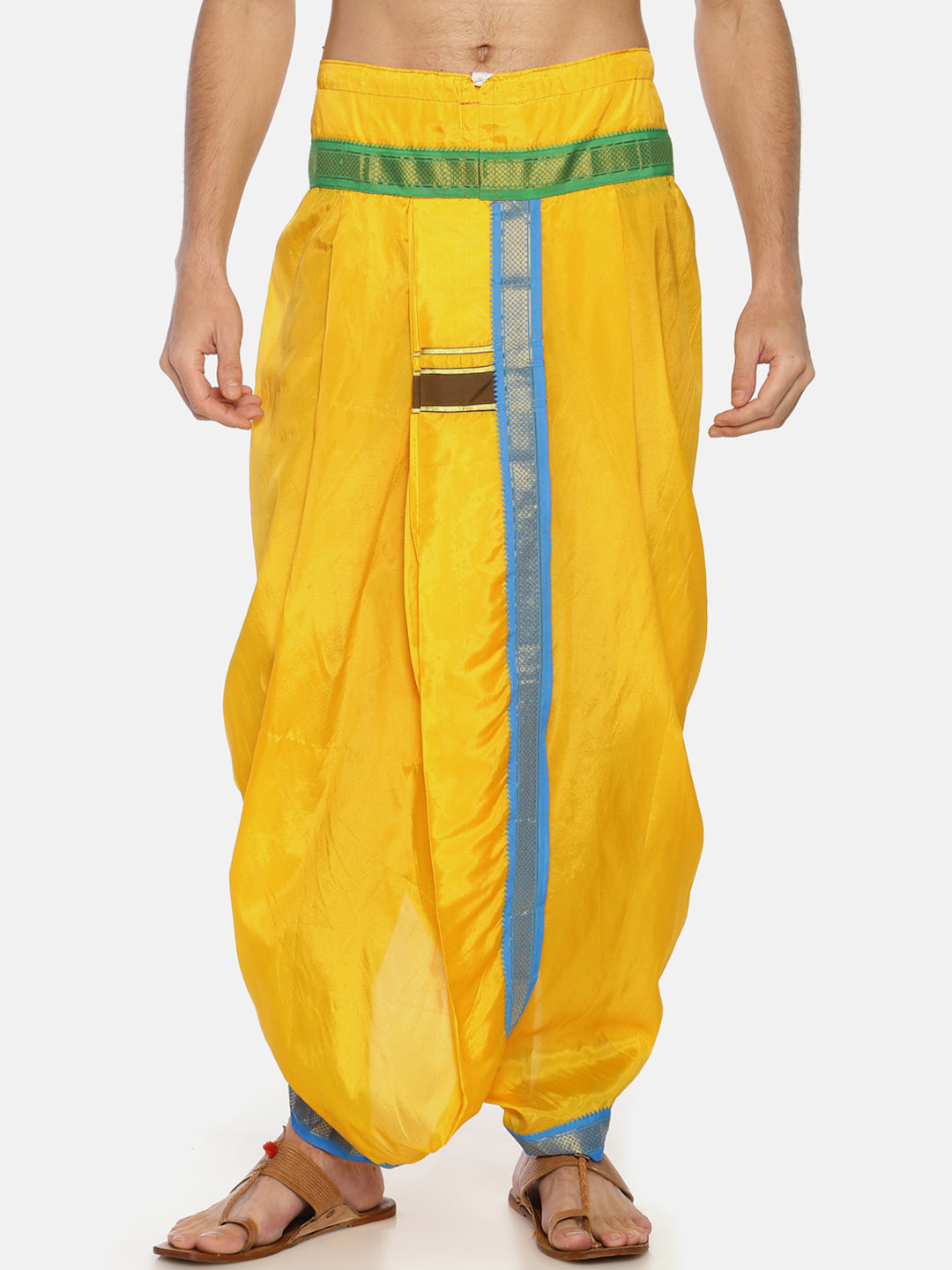 Sethukrishna Men Yellow Solid Double Layer Readymade Dhoti Pant | Grocsy