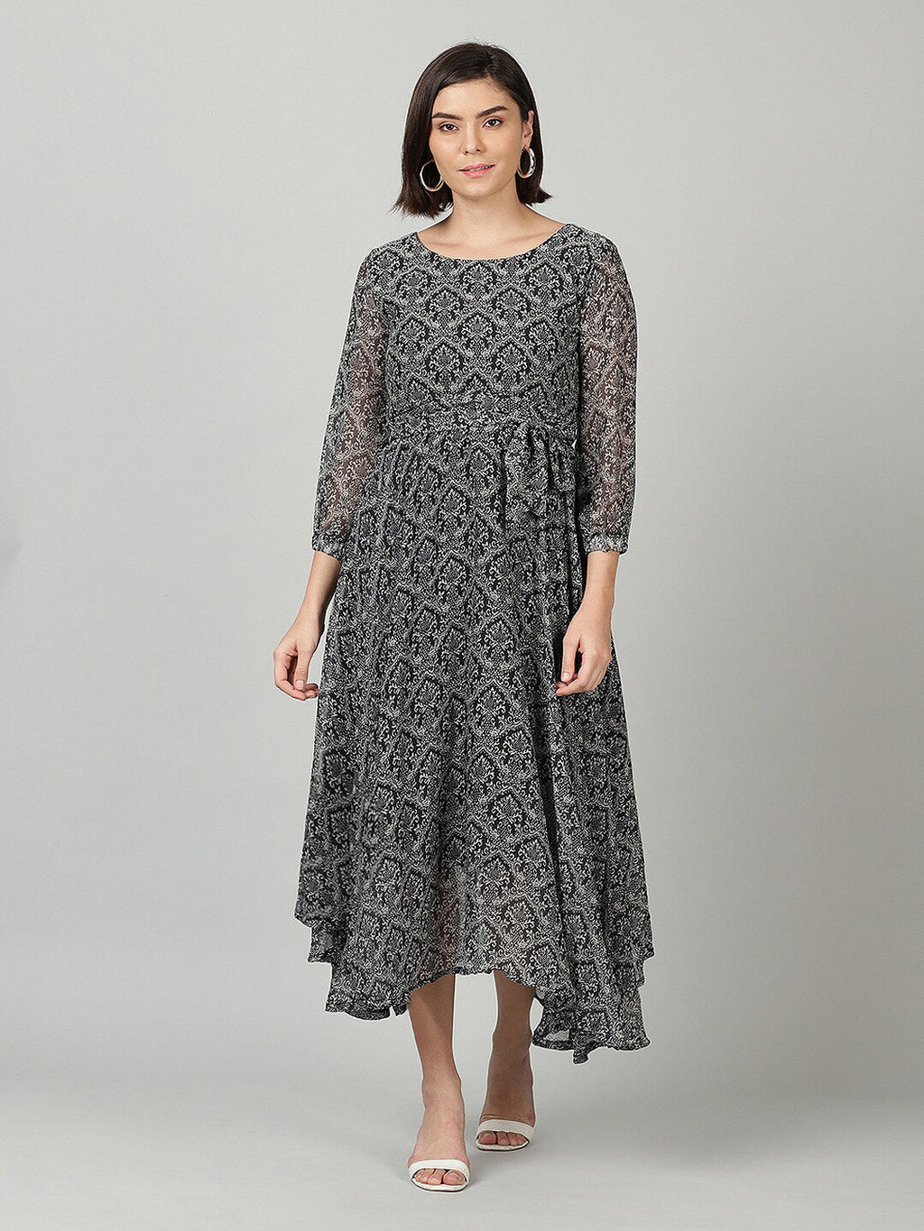 Souchii Women Grey & Black Ethnic Motifs Chiffon A-Line Midi Dress | Grocsy