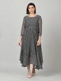 Souchii Women Grey & Black Ethnic Motifs Chiffon A-Line Midi Dress | Grocsy