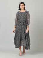 Souchii Women Grey & Black Ethnic Motifs Chiffon A-Line Midi Dress | Grocsy