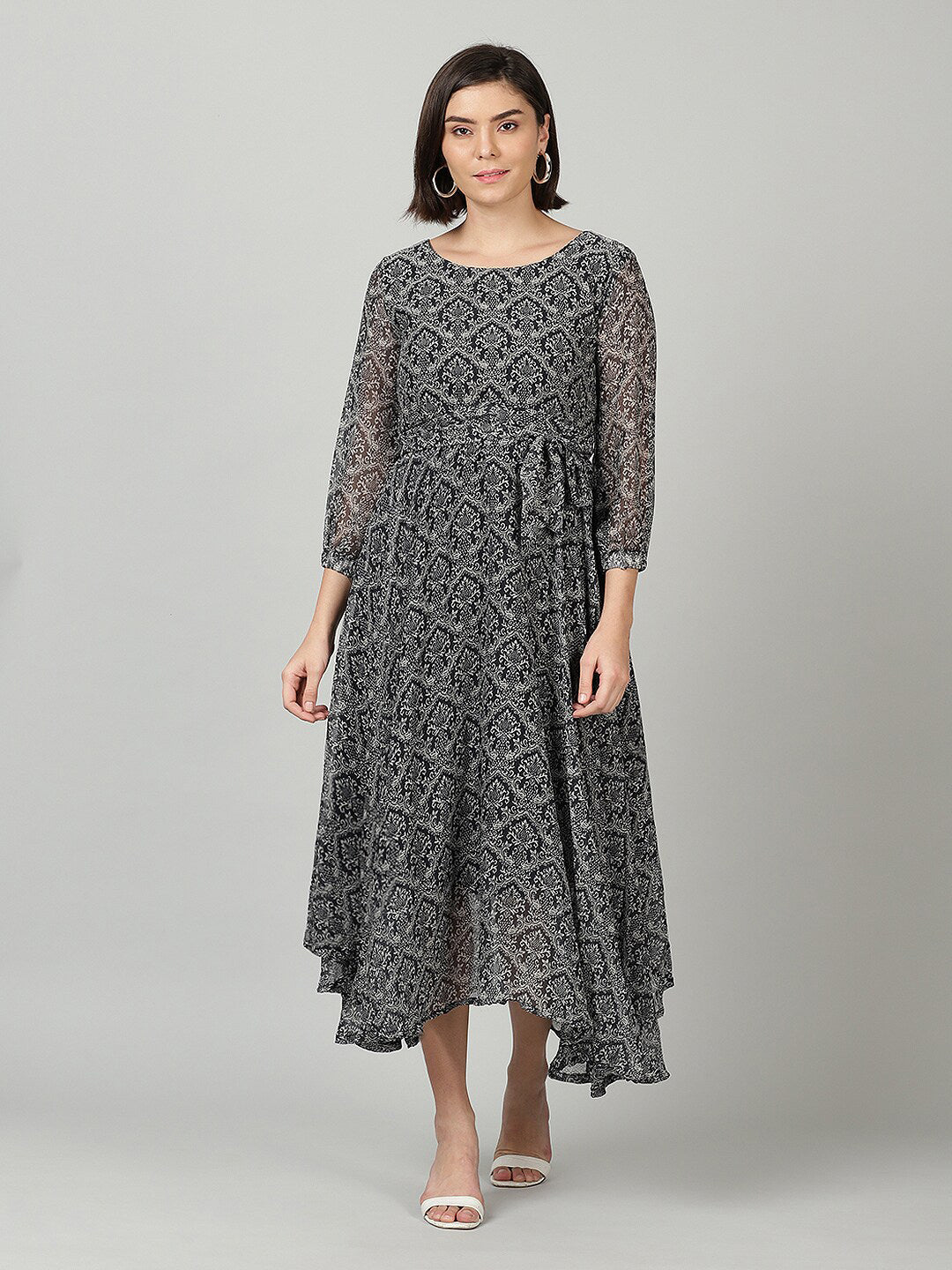 Souchii Women Grey & Black Ethnic Motifs Chiffon A-Line Midi Dress | Grocsy
