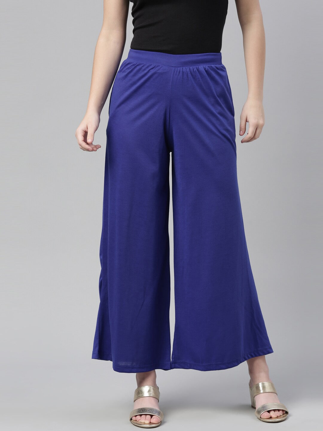 Souchii Navy Blue Knitted Ethnic Palazzos | Grocsy
