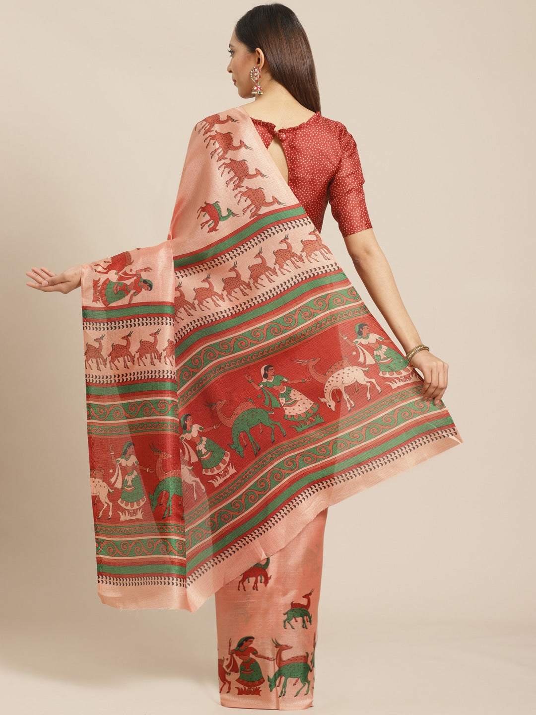 Saree Mall Peach-Coloured & Red Printed Saree | Grocsy