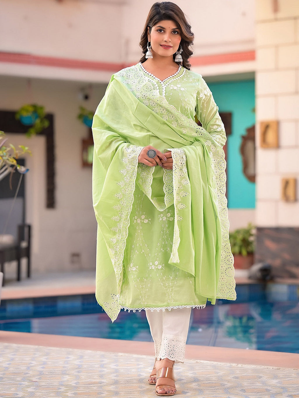 Sangria Green Embroidered Pure Cotton Straight Kurta With Trouser & Dupatta | Grocsy