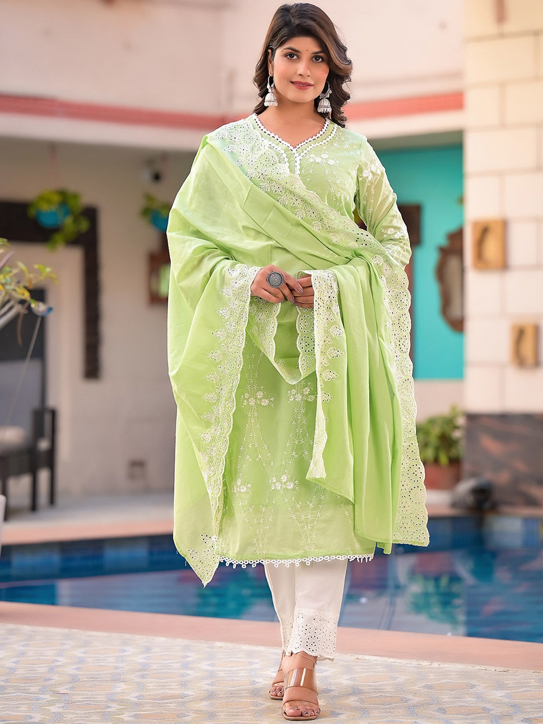 Sangria Green Embroidered Pure Cotton Straight Kurta With Trouser & Dupatta | Grocsy