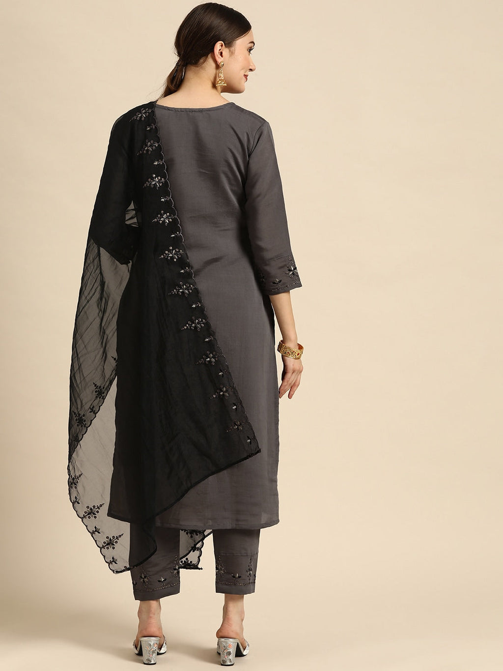Sangria Women Grey Ethnic Motifs Embroidered Pure Cotton Kurta with Trousers & With Dupatta | Grocsy