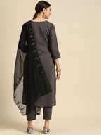 Sangria Women Grey Ethnic Motifs Embroidered Pure Cotton Kurta with Trousers & With Dupatta | Grocsy