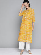 HERE&NOW Women Mustard Yellow & White Bandhani Printed Gotta Patti Kurta | Grocsy