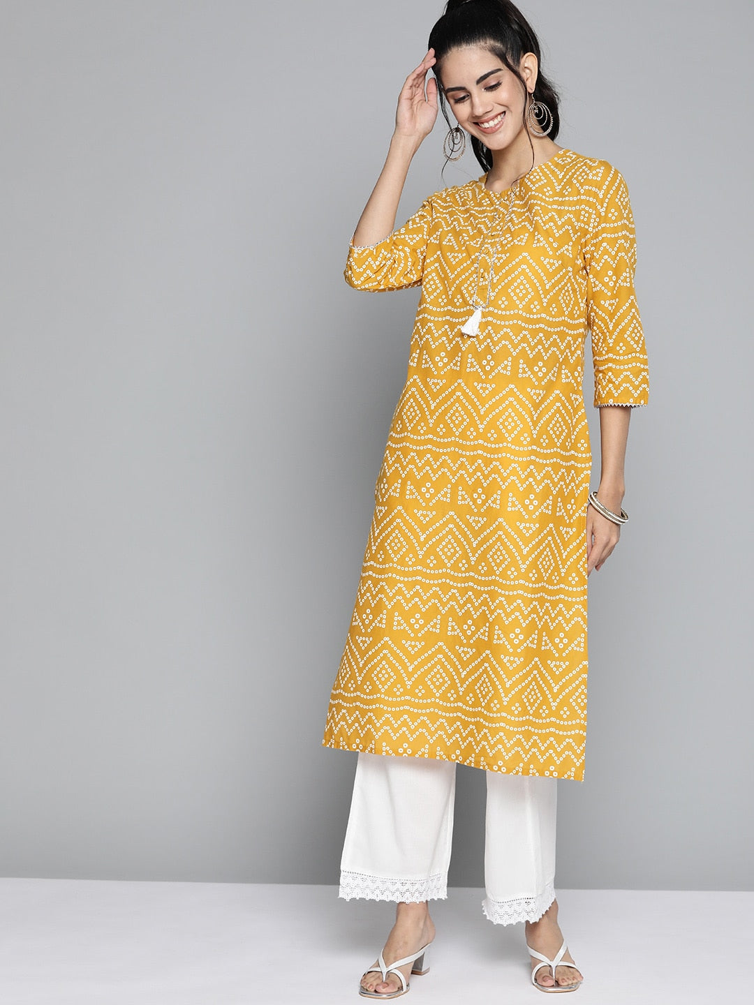 HERE&NOW Women Mustard Yellow & White Bandhani Printed Gotta Patti Kurta | Grocsy