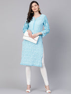 ADA Women Blue & White Chikankari Embroidered Sheer Straight Sustainable Handloom Kurta | Grocsy