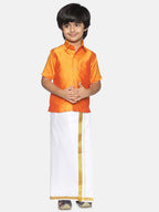 Sethukrishna Boys Orange & White Solid Shirt with Pure Cotton Dhoti Set | Grocsy