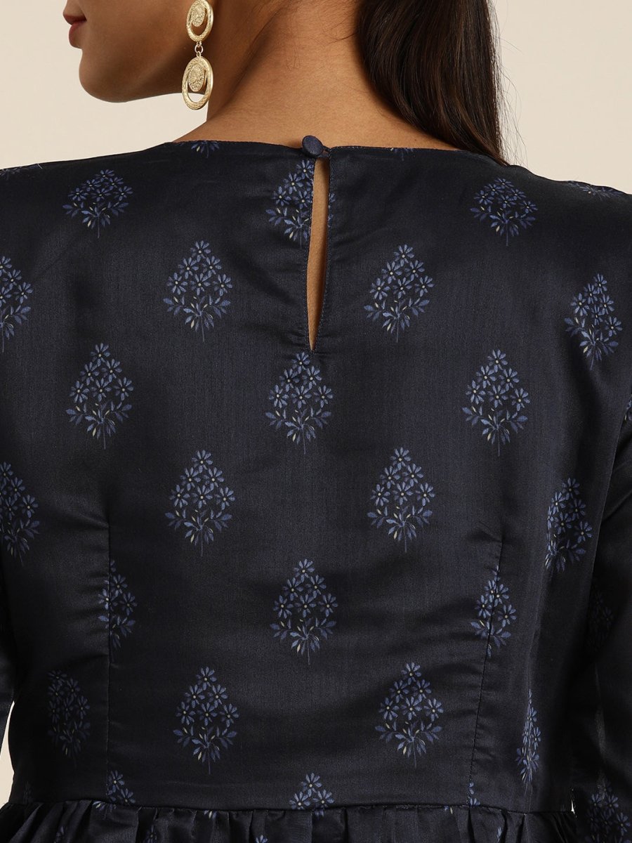 All About You Women Navy Blue Floral Printed Empire Kurta with Trousers | Grocsy