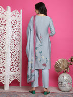 Jyoti Fashion Women's Grey Muslin Floral Print with Jari & Crystal work Kurta with Trouser & Dupatta | Grocsy