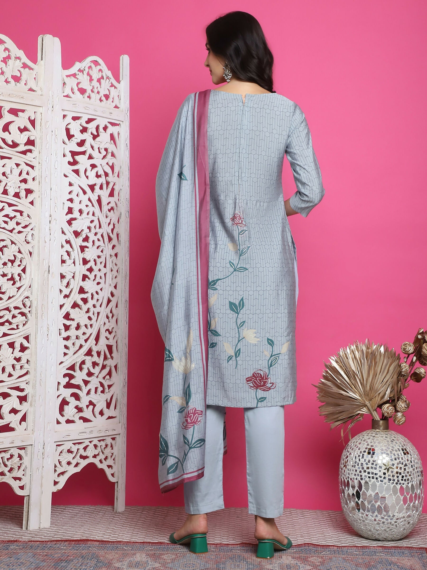 Jyoti Fashion Women's Grey Muslin Floral Print with Jari & Crystal work Kurta with Trouser & Dupatta | Grocsy