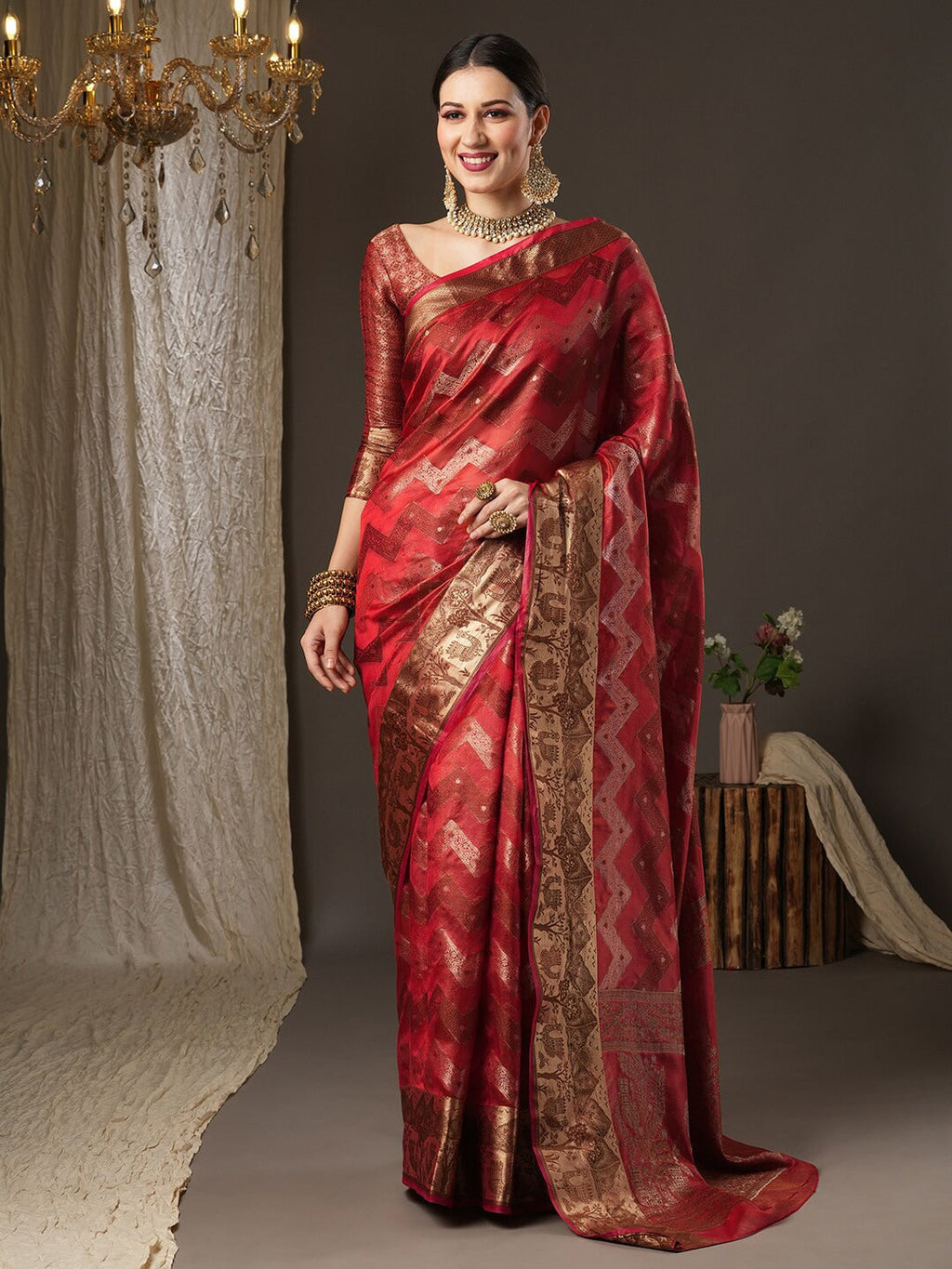 Saree Mall Pink & Gold-Toned Woven Design Zari Silk Blend Bagru Sarees | Grocsy