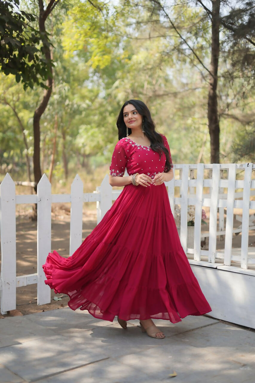 Vastranavya Faux Blooming with Beads embroidery-work Gown - Pink | Grocsy