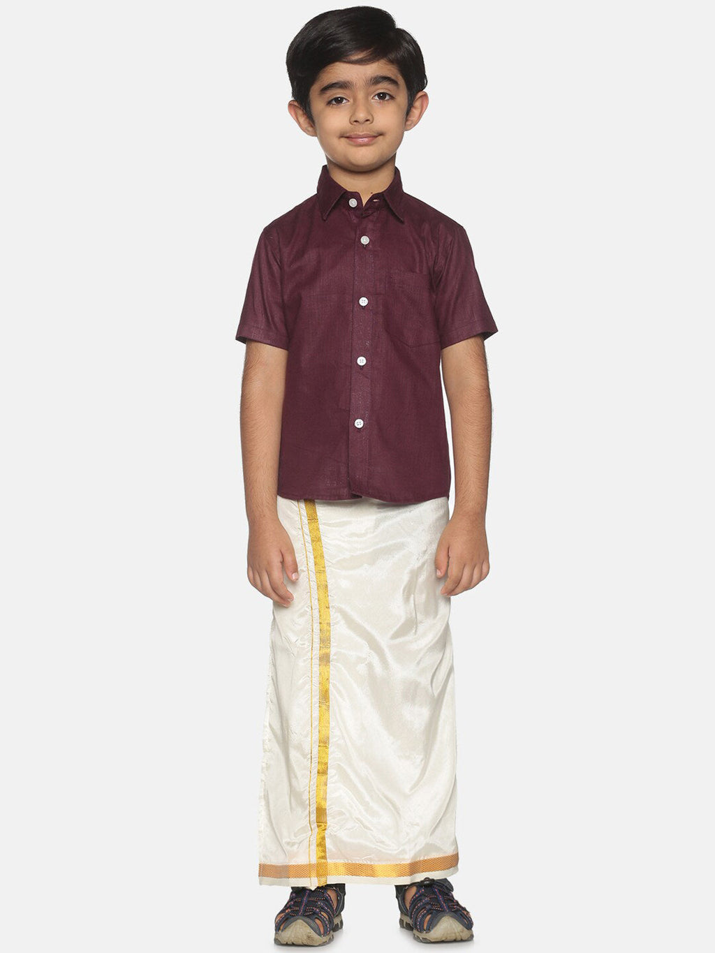 Sethukrishna Boys Maroon & White Pure Cotton Shirt with Dhoti | Grocsy