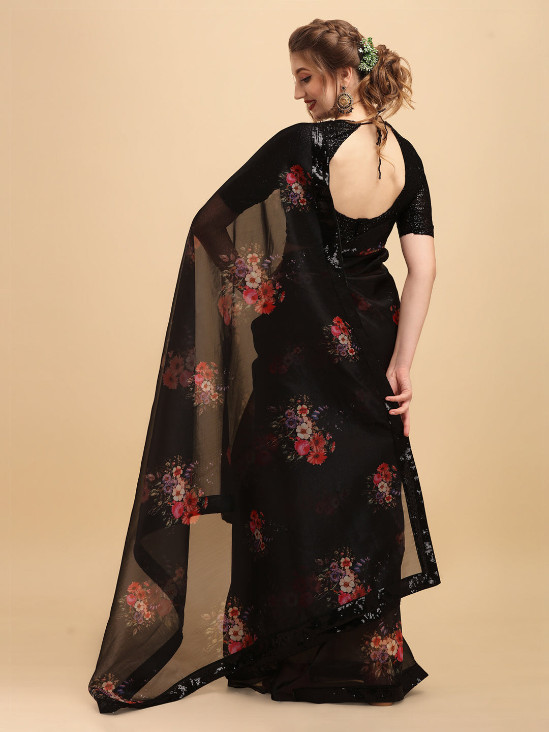 Sangria Black & Coral Floral Sequinned Organza Celebrity Saree | Grocsy