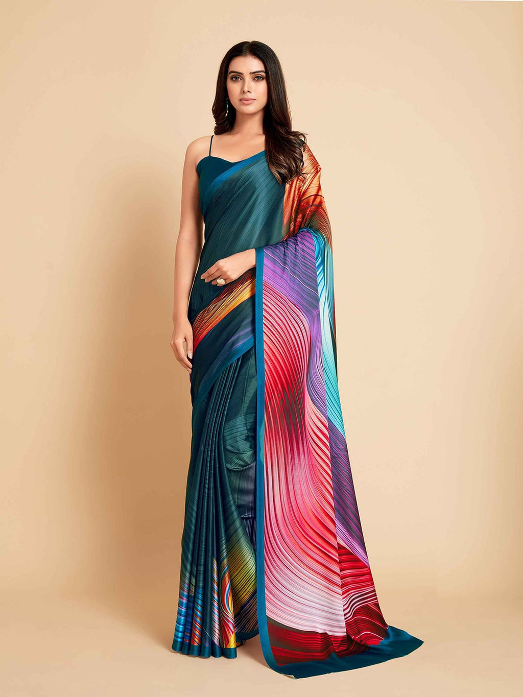 Sangria Navy Blue & Violet Satin Ready to Wear Saree | Grocsy