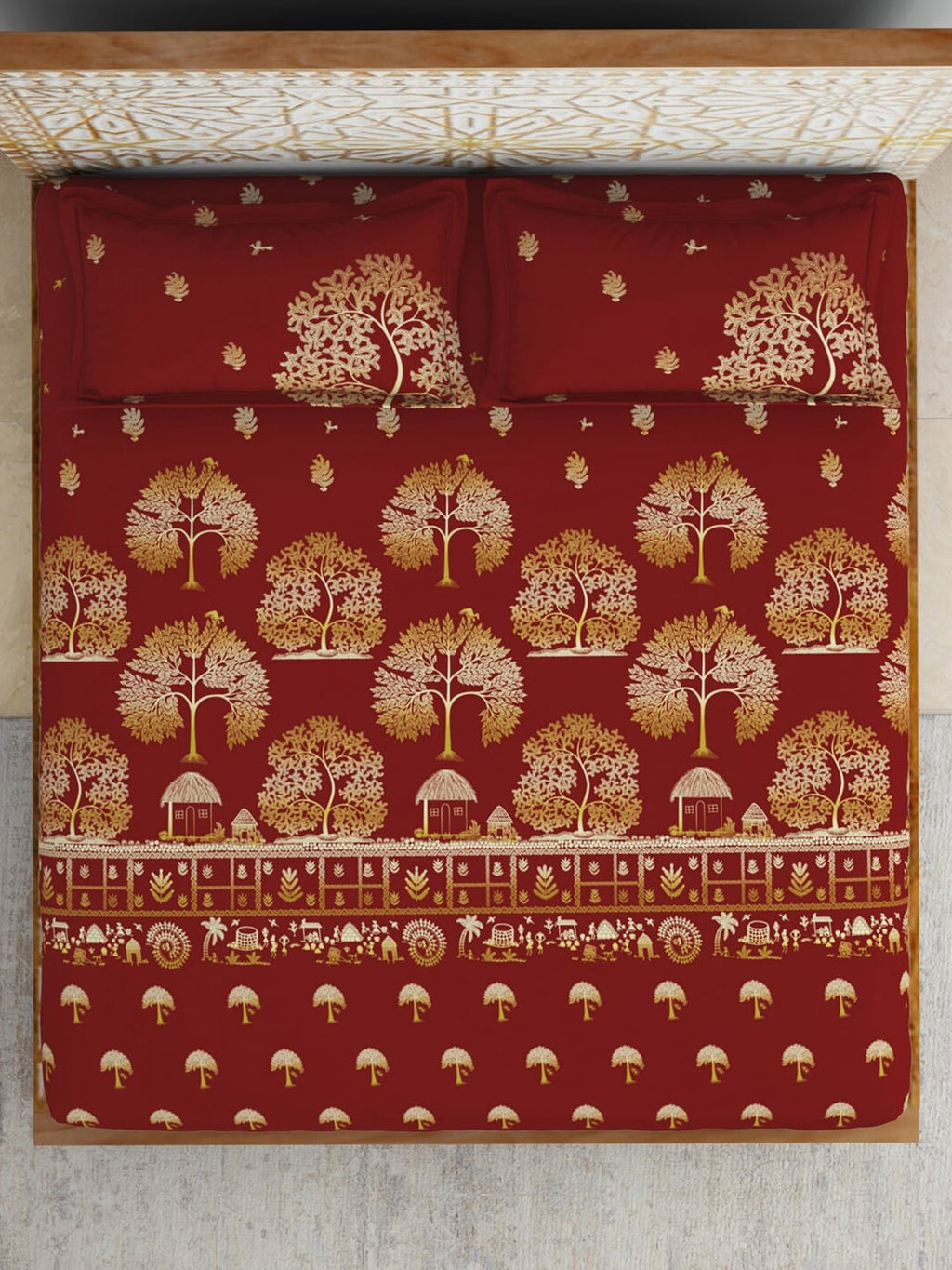 SPACES Red & Yellow Ethnic Motifs Cotton 210 TC King Bedsheet With 2 Pillow Covers | Grocsy