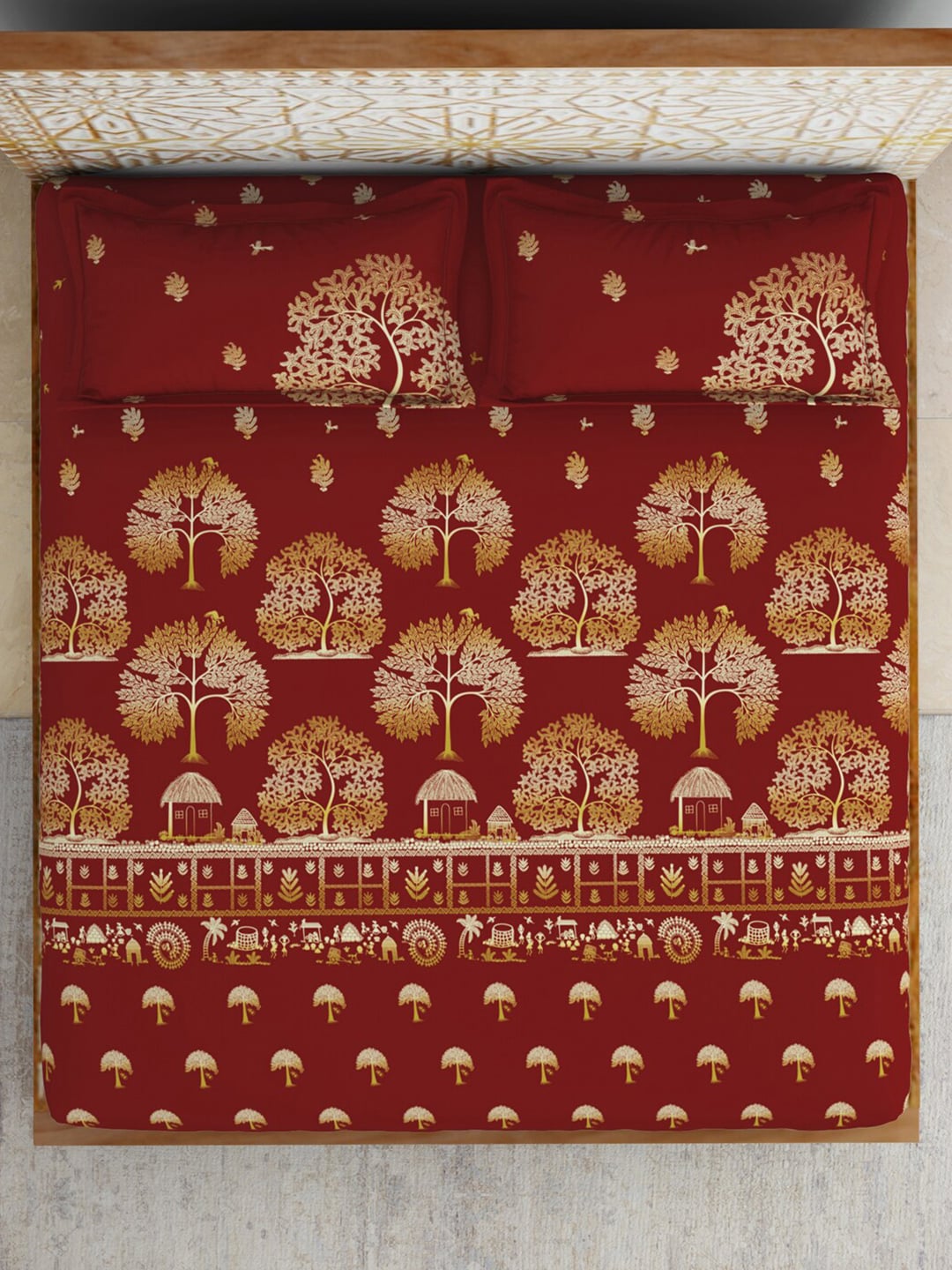 SPACES Red & Yellow Ethnic Motifs Cotton 210 TC King Bedsheet With 2 Pillow Covers | Grocsy