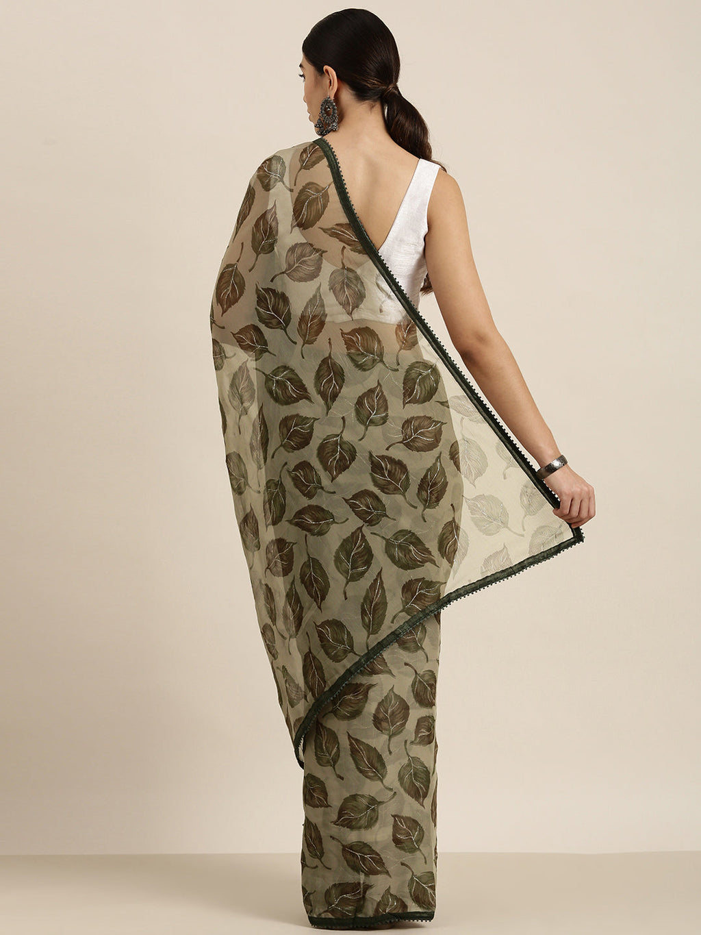 Sangria Olive Green Leaf Print Pure Chiffon Saree | Grocsy