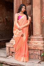 Joban Fashion Peach Banarasi Katan Pure Handloom Banarasi Silk Saree | Grocsy