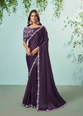 Dark Purple Silk crepe Solid Saree With Unstitched Blouse Piece - Norita Ikshita | Grocsy