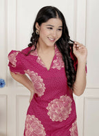 Miravan Womens Pink Printed Collar Neck Short Puff Sleeves Cotton A-Line Maxi Dress | Grocsy