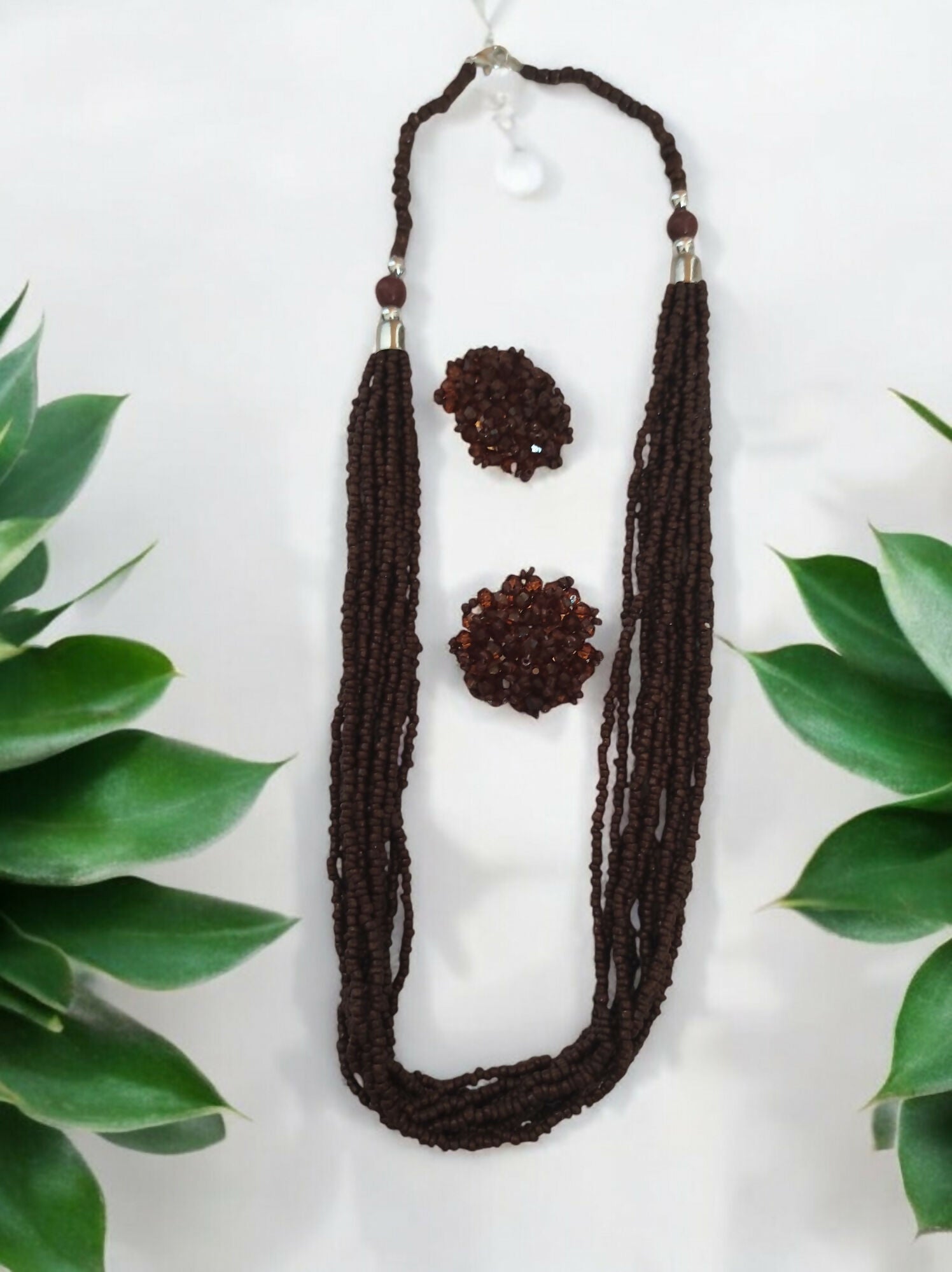 Inhanns Bloom Handmade Beaded Necklace With Earrings - 12 Layers - Coffee Necklace Set | Grocsy