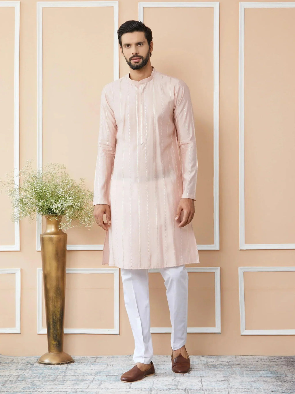 Fabmade Pink Embroidered Regular Sequinned Chanderi Silk Kurta With Pyjamas | Grocsy