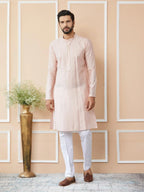 Fabmade Pink Embroidered Regular Sequinned Chanderi Silk Kurta With Pyjamas | Grocsy