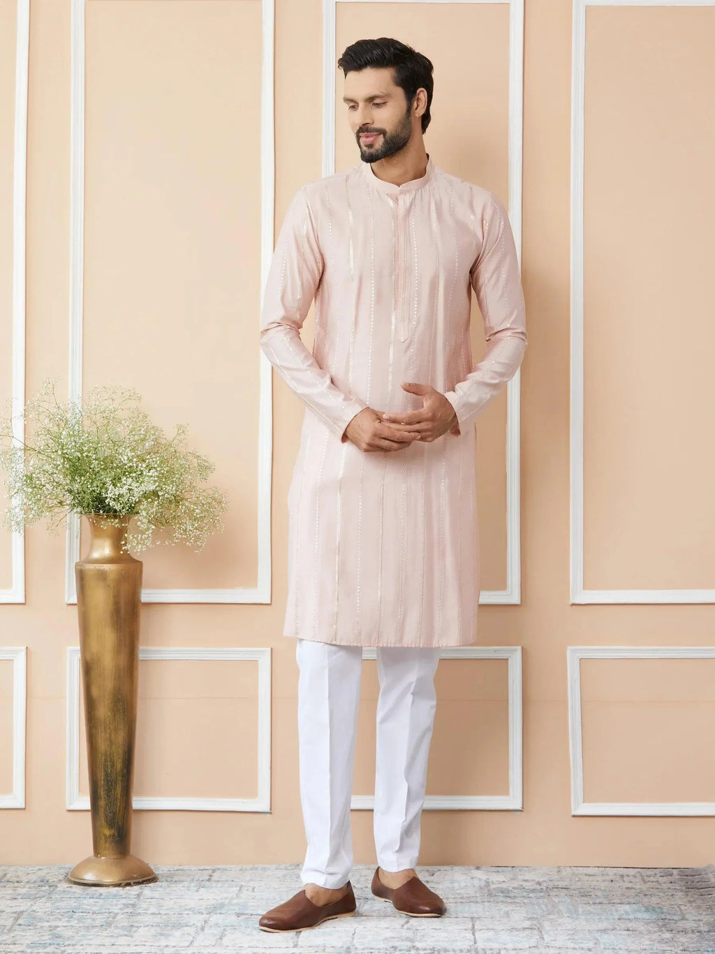 Fabmade Pink Embroidered Regular Sequinned Chanderi Silk Kurta With Pyjamas | Grocsy