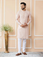 Fabmade Pink Embroidered Regular Sequinned Chanderi Silk Kurta With Pyjamas | Grocsy