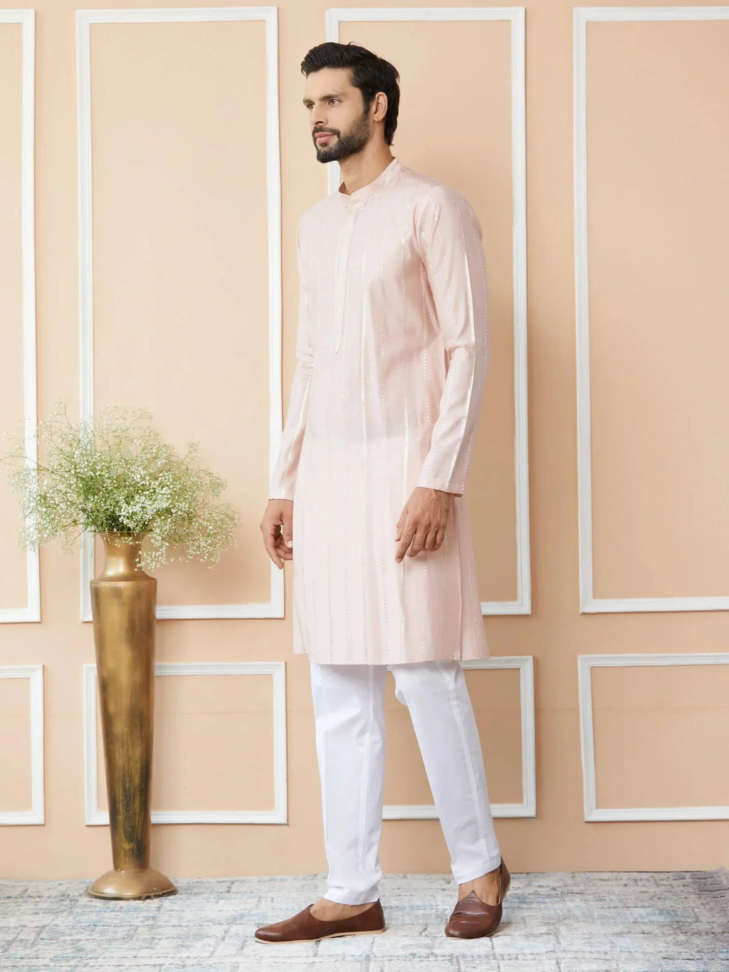 Fabmade Pink Embroidered Regular Sequinned Chanderi Silk Kurta With Pyjamas | Grocsy