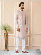 Fabmade Pink Embroidered Regular Sequinned Chanderi Silk Kurta With Pyjamas | Grocsy