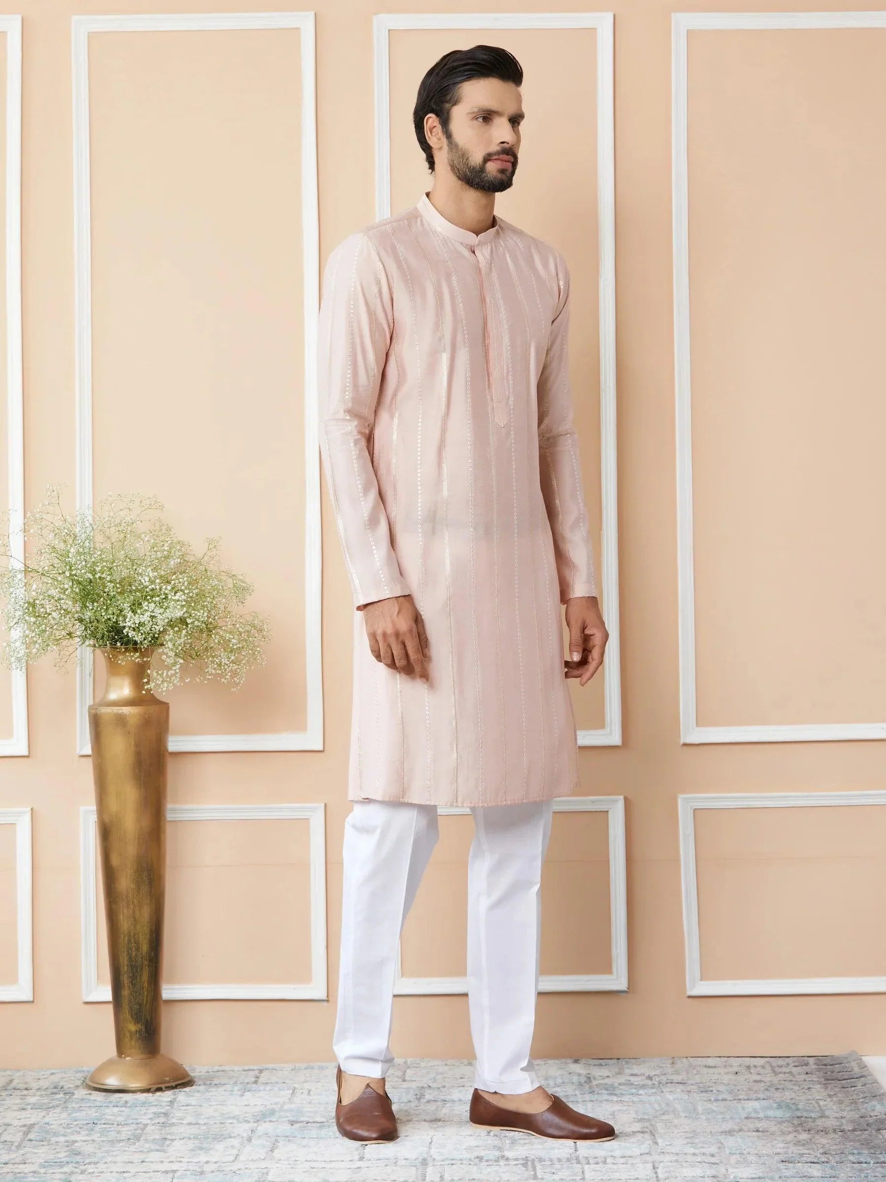 Fabmade Pink Embroidered Regular Sequinned Chanderi Silk Kurta With Pyjamas | Grocsy