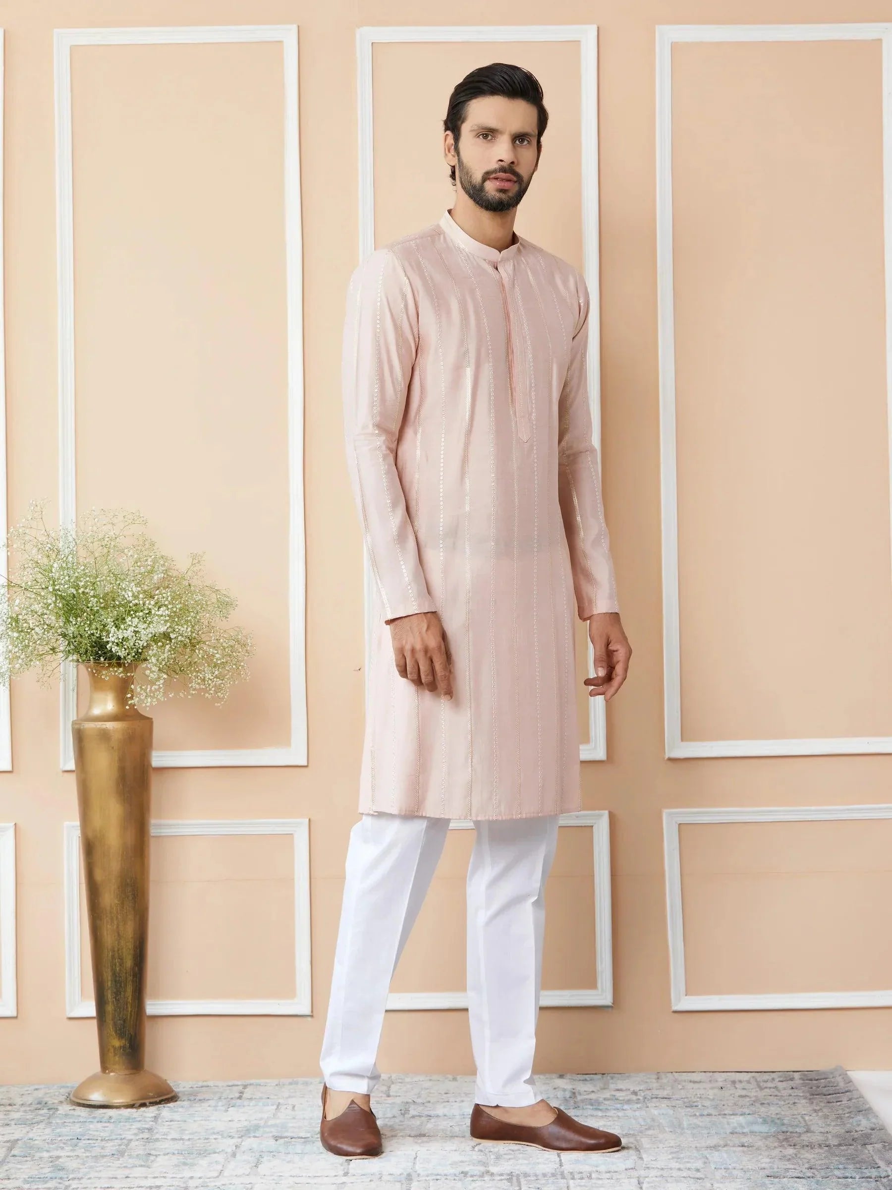Fabmade Pink Embroidered Regular Sequinned Chanderi Silk Kurta With Pyjamas | Grocsy
