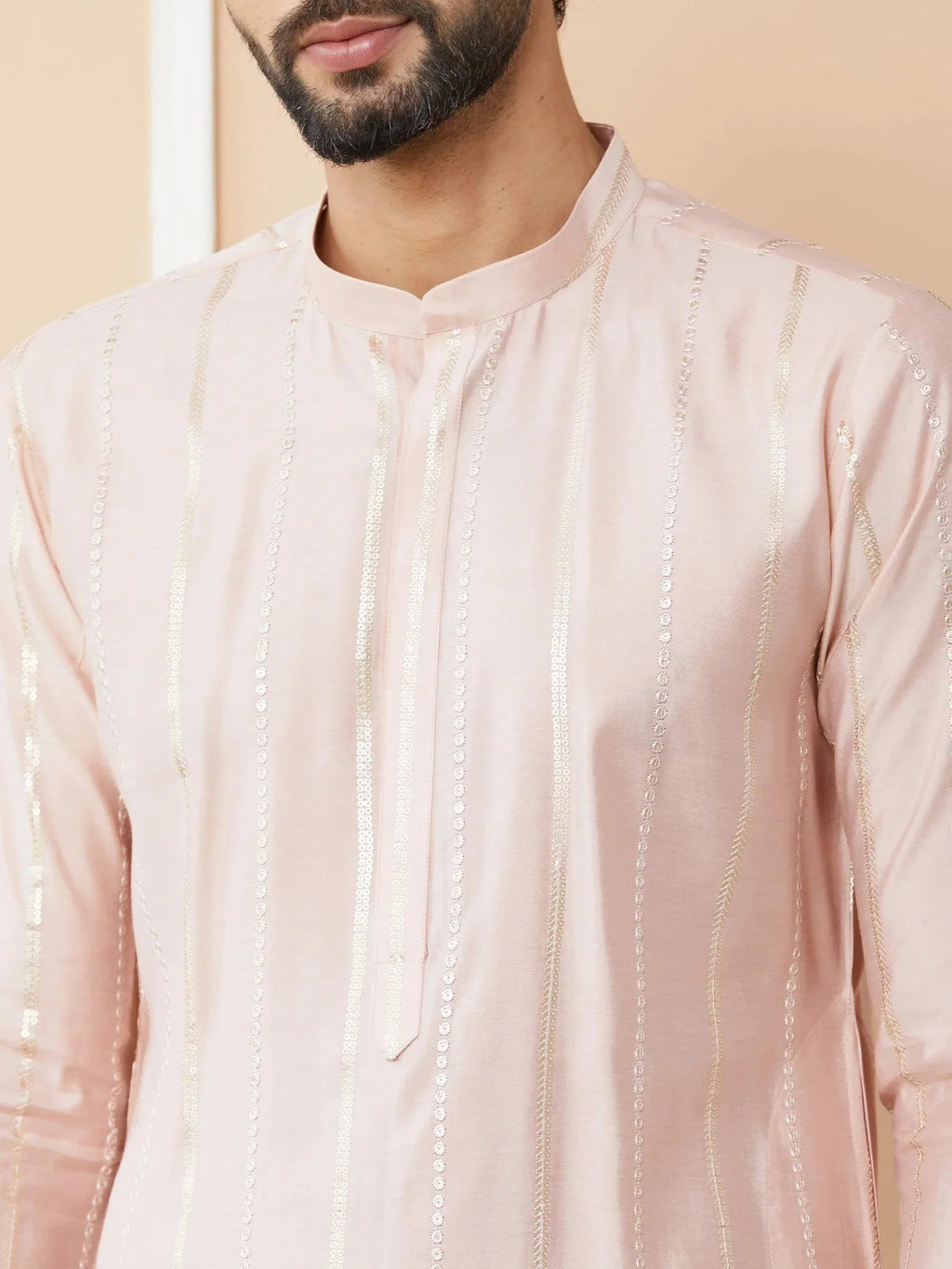 Fabmade Pink Embroidered Regular Sequinned Chanderi Silk Kurta With Pyjamas | Grocsy