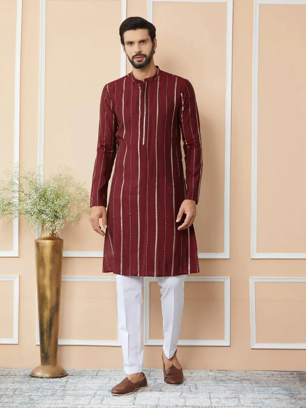 Fabmade Maroon Sequins Embroidered Pure Chanderi Silk Straight Kurta Pyjama | Grocsy